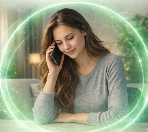 Devojka razgovara mobilnim telefonom, okružena zelenom svetlošću